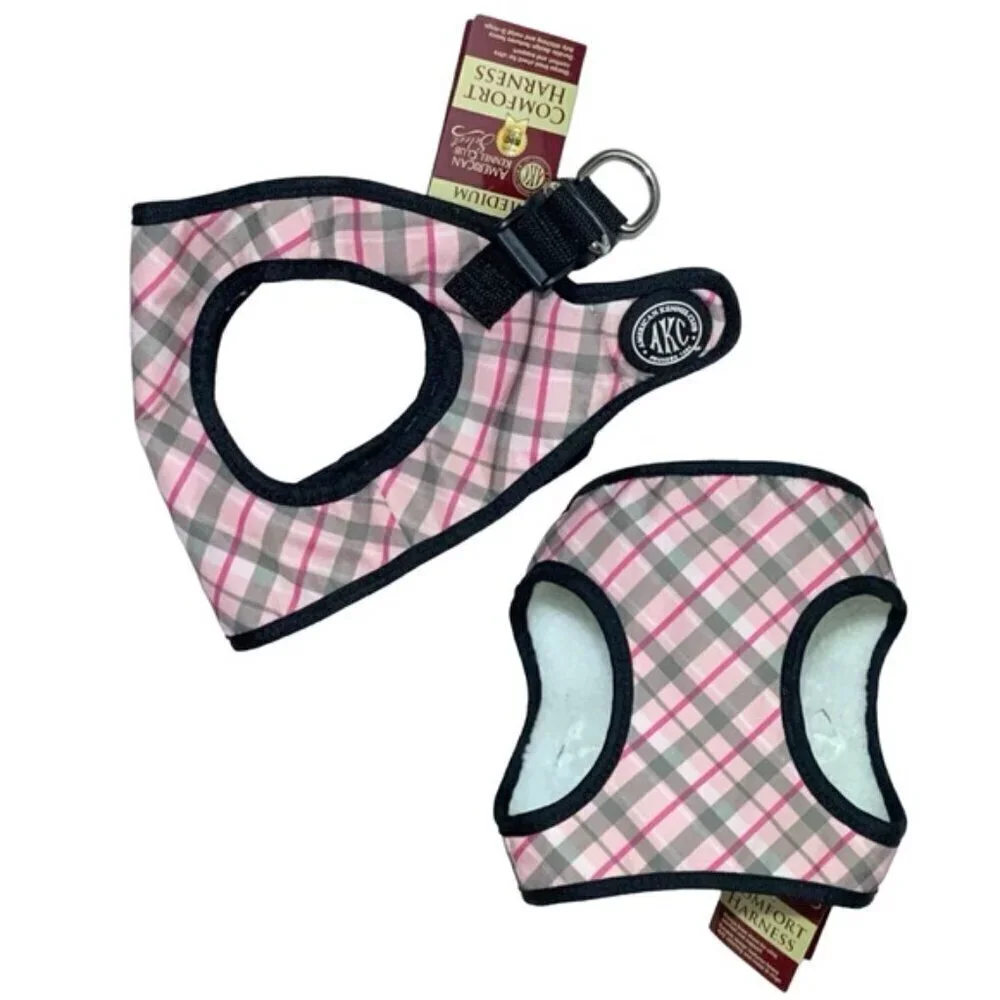 American Kennel Club Dog Harness Vest  Designer Tartan Plaid Sherpa Lined Pink M